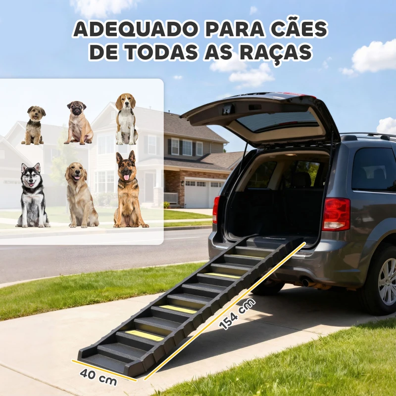 PawHut Rampa para Cães Dobrável 154 cm Rampa para Cães para Carro e Cama com 10 Degraus Antideslizantes Suporta até 68 kg Preto