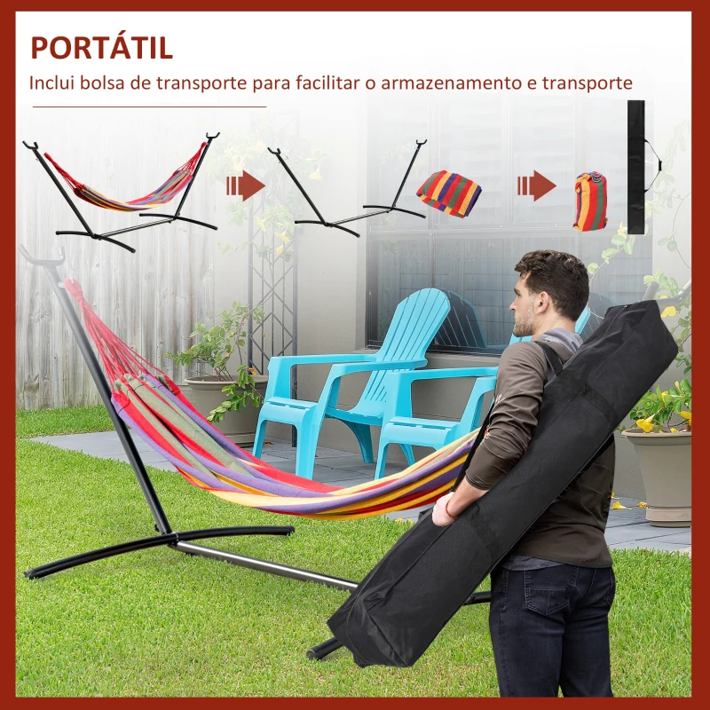 Outsunny Cama Rede com Suporte de Aço Portátil com Altura Ajustável em 6 Níveis com Bolsa de Transporte para Jardim Sala de Estar Carga Máxima 150kg 200x150cm Multicor