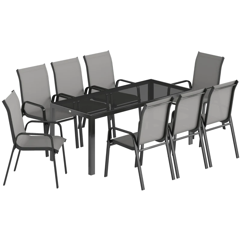 Outsunny Ensemble d'extérieur 9pcs avec 8 Chaises Empilables en Textilène et Table Basse avec Plateau en Verre, Gris Clair