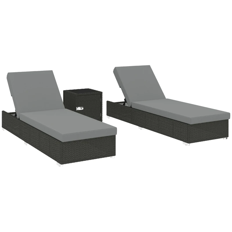 Outsunny Rattan Sun Loungers Set of 2 with Side Table, Garden Recliner Sunbeds with Adjustable Back, Cushions, Dark Grey
