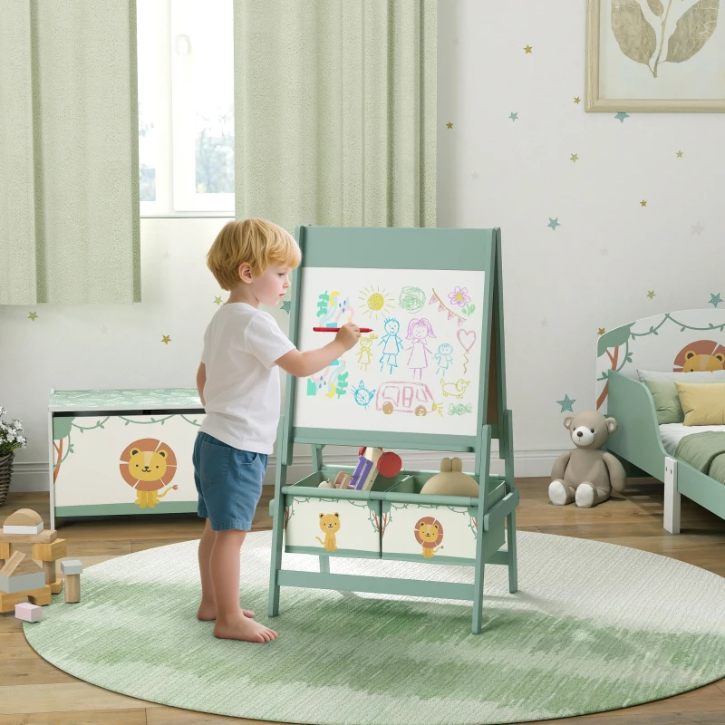 AIYAPLAY Art Easel for Kids, Double-Sided Whiteboard/Blackboard with Paper Roll, Two Storage Boxes, for Ages 3-8 Years, Green