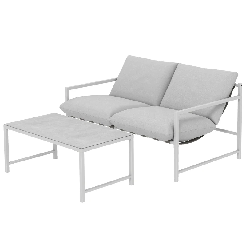 Outsunny Set mobilier de grădină exterior 2 piese, canapea cu perne, masă de cafea cu blat din sticlă securizată marmorat 3D, 125x80x64cm, gri deschis