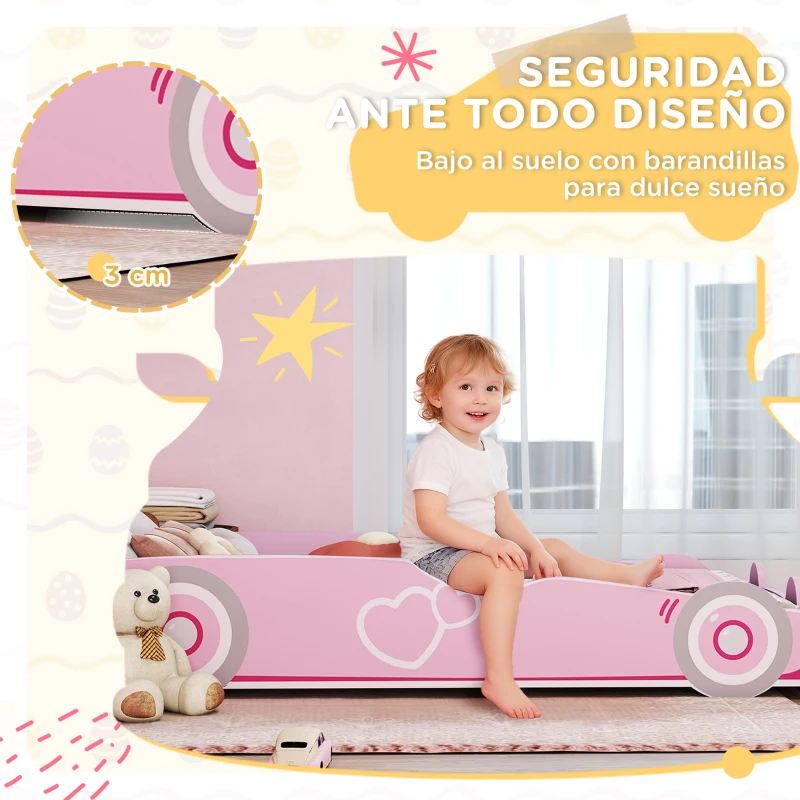 AIYAPLAY Cama Infantil 70x140 cm con Barrera Anticaídas y Somier Cabecero en Forma de Coche Rosa