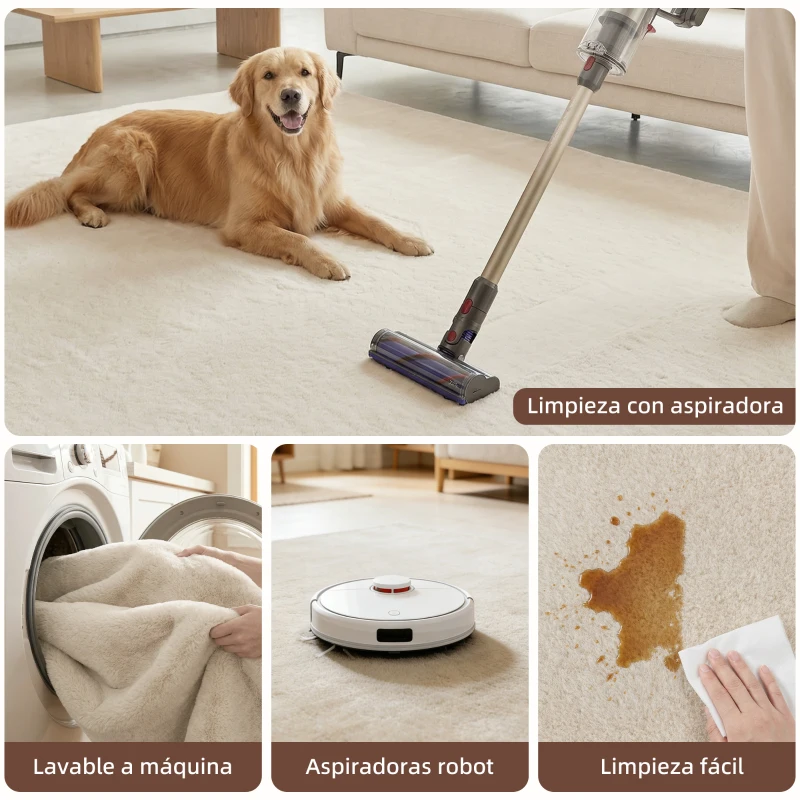 HOMCOM Alfombra Salón 120x160 cm Lavable en Lavadora Pelo Largo Estilo Moderno Tapete para Sala de Estar Dormitorio Crema