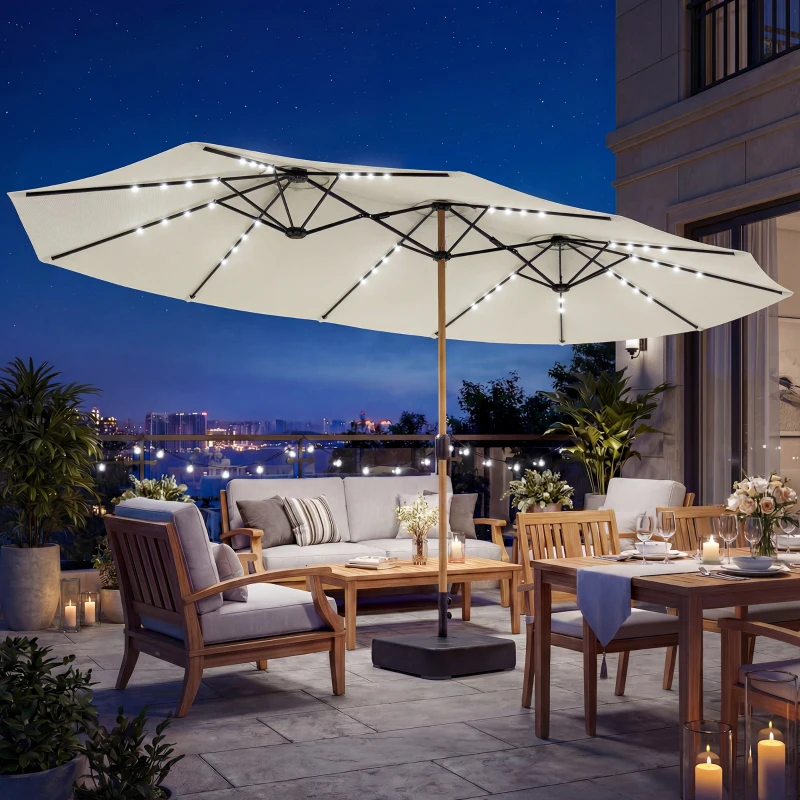 Outsunny Ombrellone doppio con 48 luci LED, base inclusa e manovella, 4,6x2,6 m, Crema