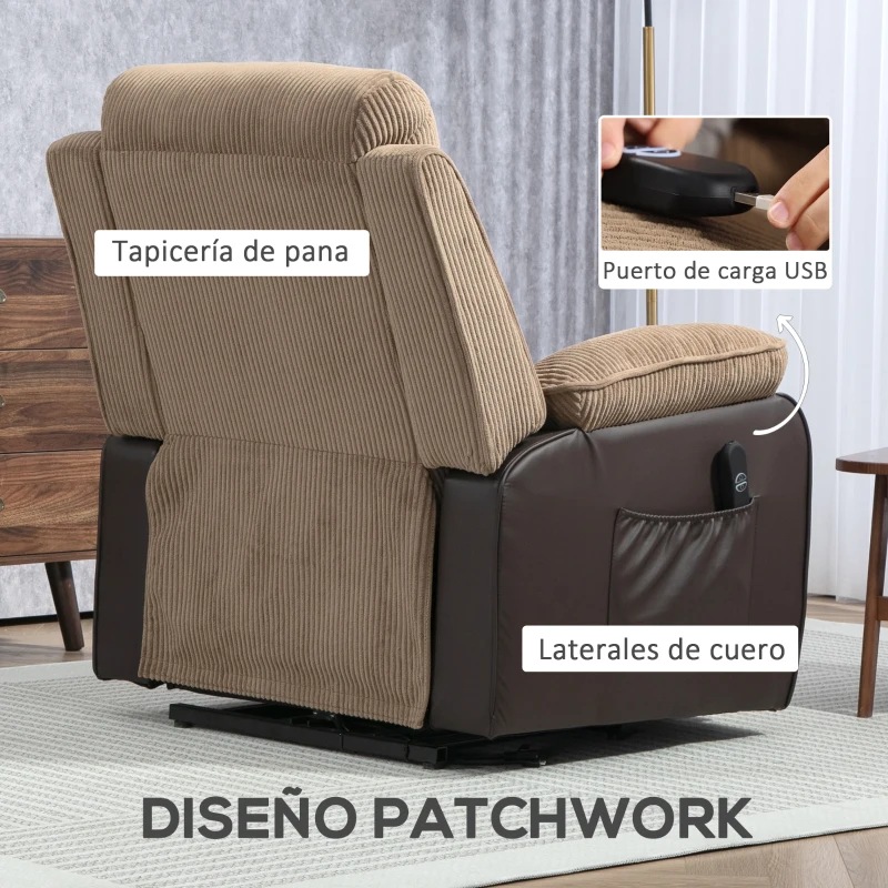 HOMCOM Sillón Relax Reclinable Eléctrico Levanta Personas con Mando a Distancia Puerto USB y Bolsillos Laterales Marrón