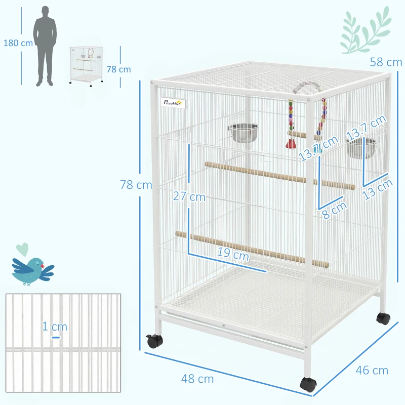 PawHut Gabbia per uccelli con ruote, posatoi e vassoio estraibile, 48x46x78 cm, Bianco