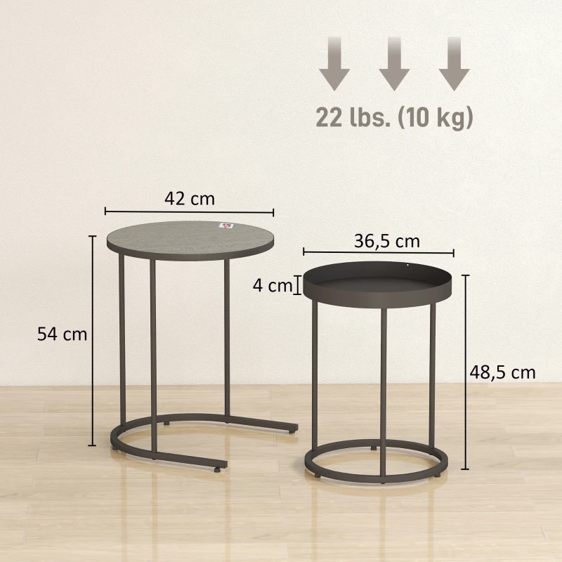 HOMCOM Set de 2 mesas de salón, encajables, diseño tipo bandeja, metal, gris