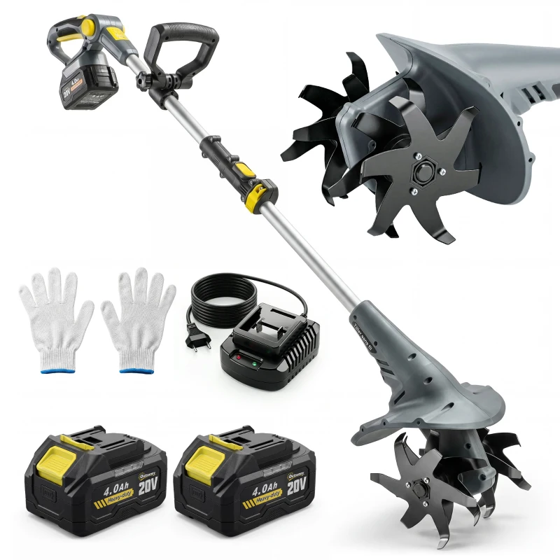 Outsunny Akku-Bodenfräse, elektrischer Rotavator 18 V mit 2 Akkus 4000 mAh, Ladegerät, Arbeitsbreite 20 cm Grau