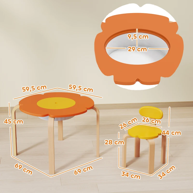 AIYAPLAY Set de mesa y sillas para niños de 5 piezas, con bolsa de almacenamiento, forma de flor, para sala de juegos, dormitorio infantil, madera, colorido