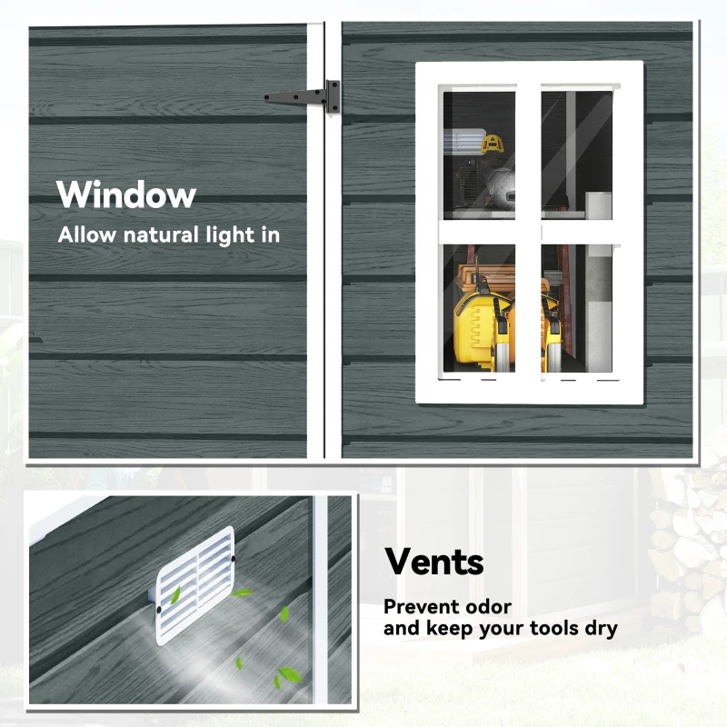 Outsunny Domek ogrodowy 2,89 m² z wyglądem drewna, 3 okna, wentylacja, podłoga, zamek, rękawice, 182 x 182 x 196 cm