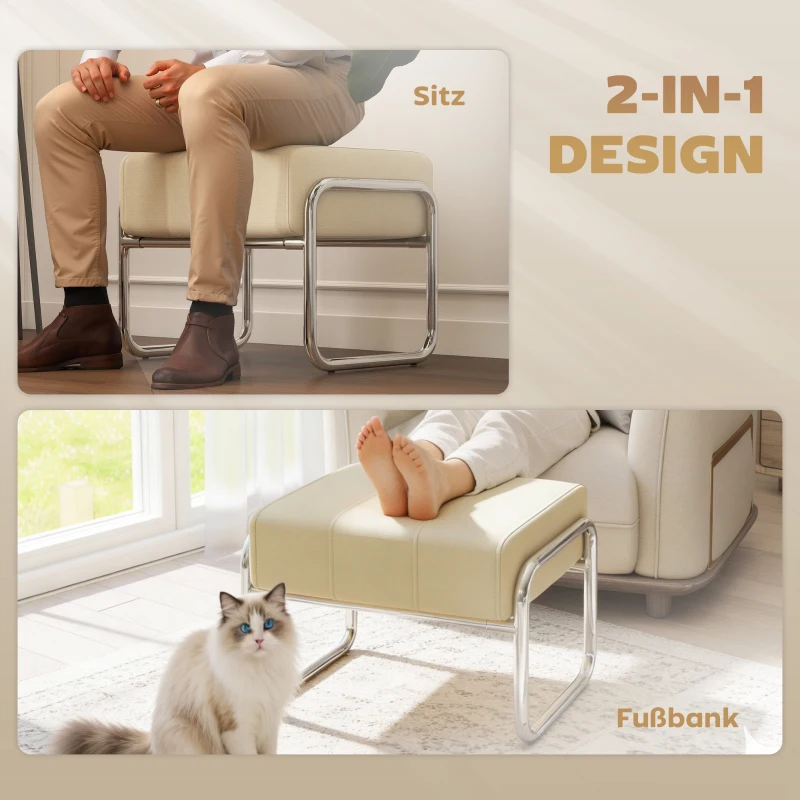 HOMCOM Fußhocker Sitzhocker Dick Gepolstert Hocker mit Chenille-Stoff Stahlbeinen für Schlafzimmer, Beige