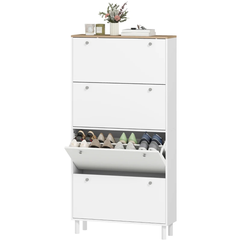 HOMCOM Dulap pantofi slim cu 4 sertare rabatabile și rafturi reglabile pentru 24-32 perechi de pantofi, 80x23.5x157 cm, alb