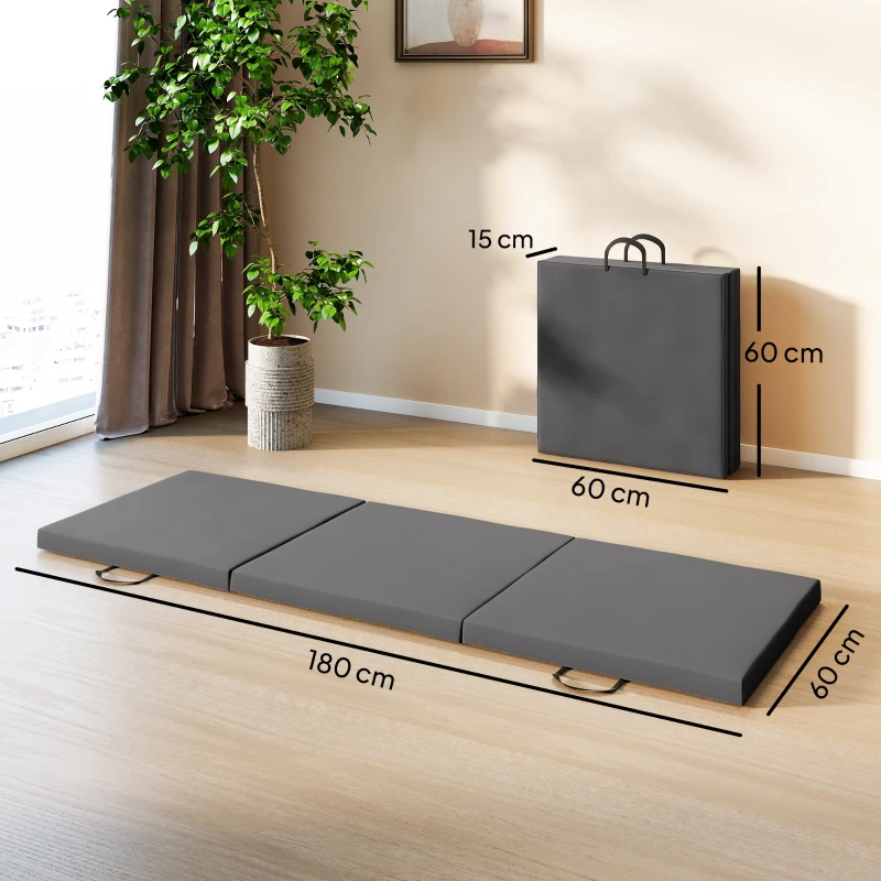 HOMCOM Colchoneta de gimnasia yoga pilates fitness plegable en 3 paneles con asas revestimiento sintético 180 x 60 x 5cm gris