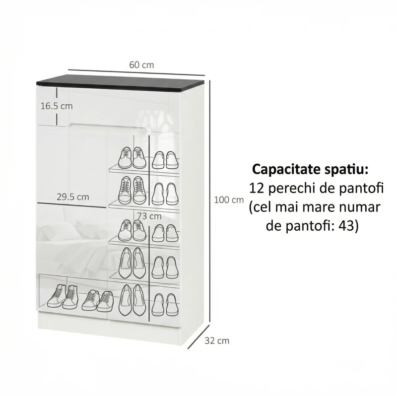 Homcom Dulap Pantofi Slim 60×32×100 cm – 12 Perechi, Rafturi & Sertar(m-3)