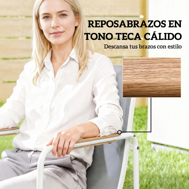 Outsunny Conjunto de Mesa y Sillas Jardín con Mesa de Vidrio Templado y 6 Sillas Transpirables para Terraza Patio Blanco y Gris