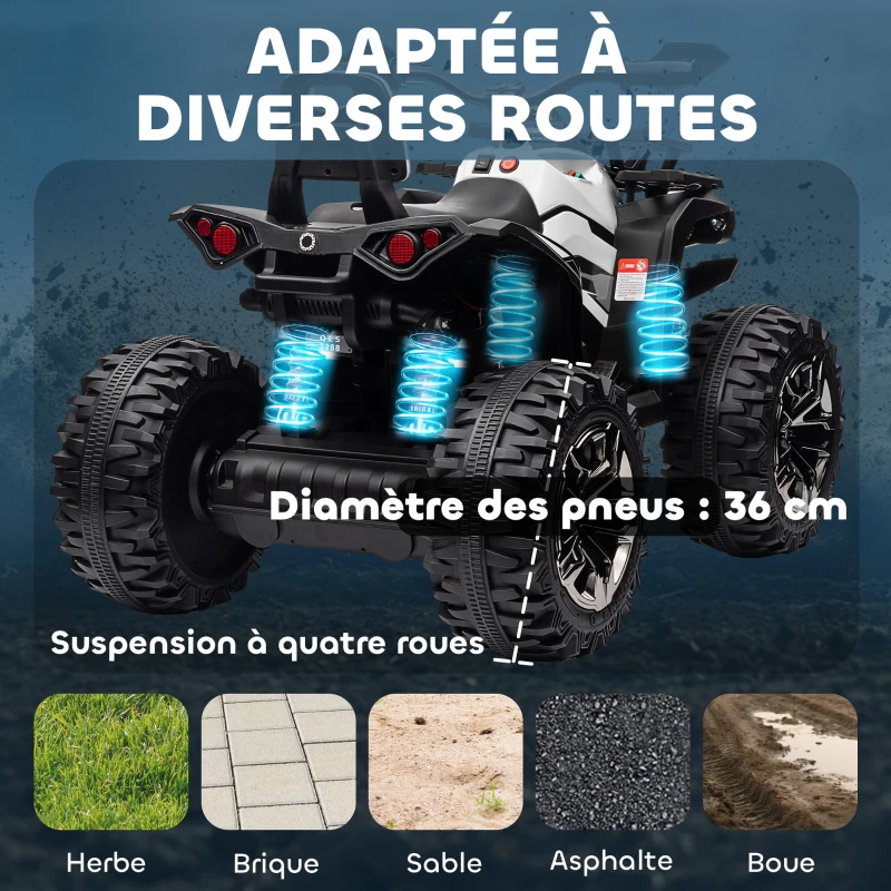 HOMCOM Quad Buggy électrique Enfant 12 V 8 Km/h Max. Voiture électrique Enfant avec Effets Lumineux sonores métal PP Blanc Noir