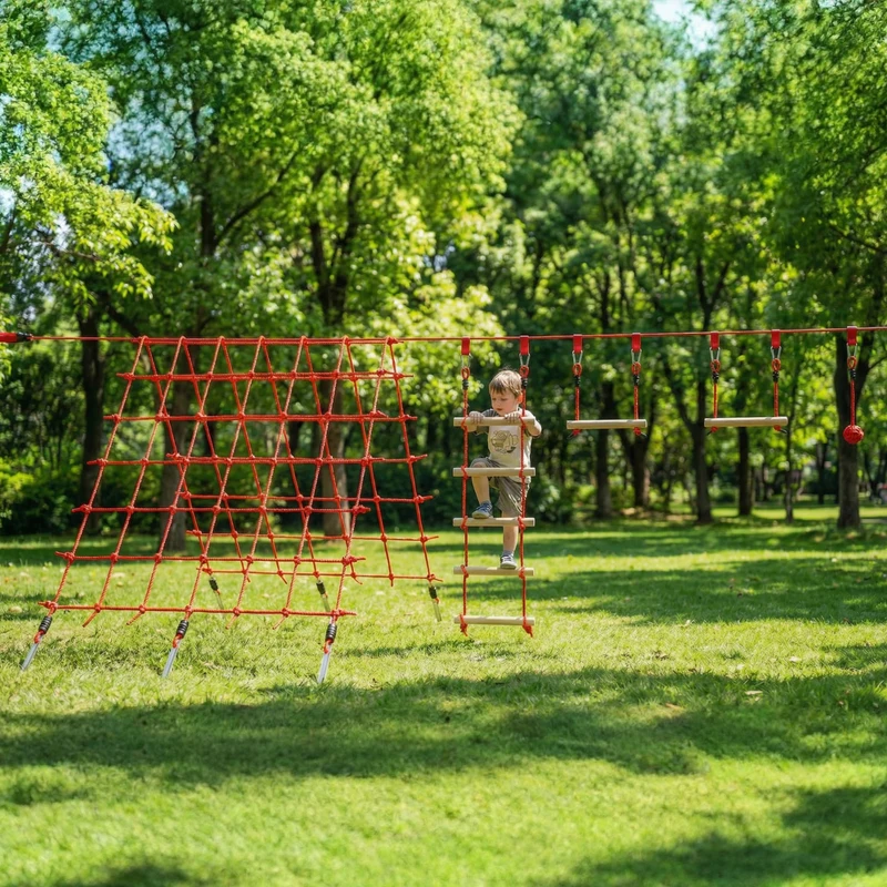 AIYAPLAY Ninja Line Set Slackline pentru copii 10 m cu inele, leagăn, scară de cățărat și plasă de cățărat pentru 3-6 ani 1000x300x180 cm Roșu