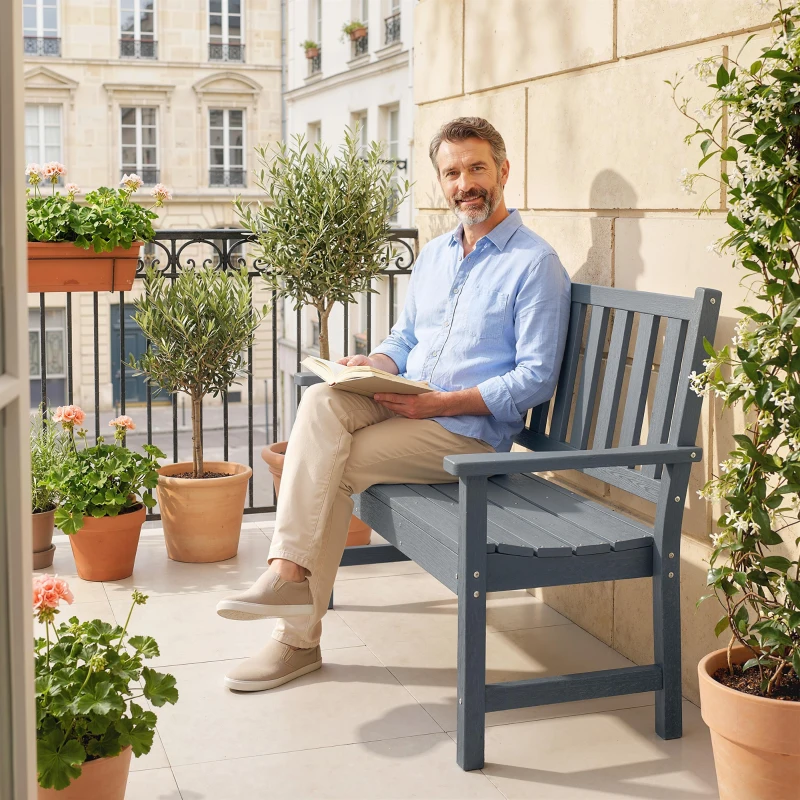 Outsunny Banc de jardin 2 places résistant aux intempéries en plastique Assise extérieure à lattes Effet bois Dossier Gris