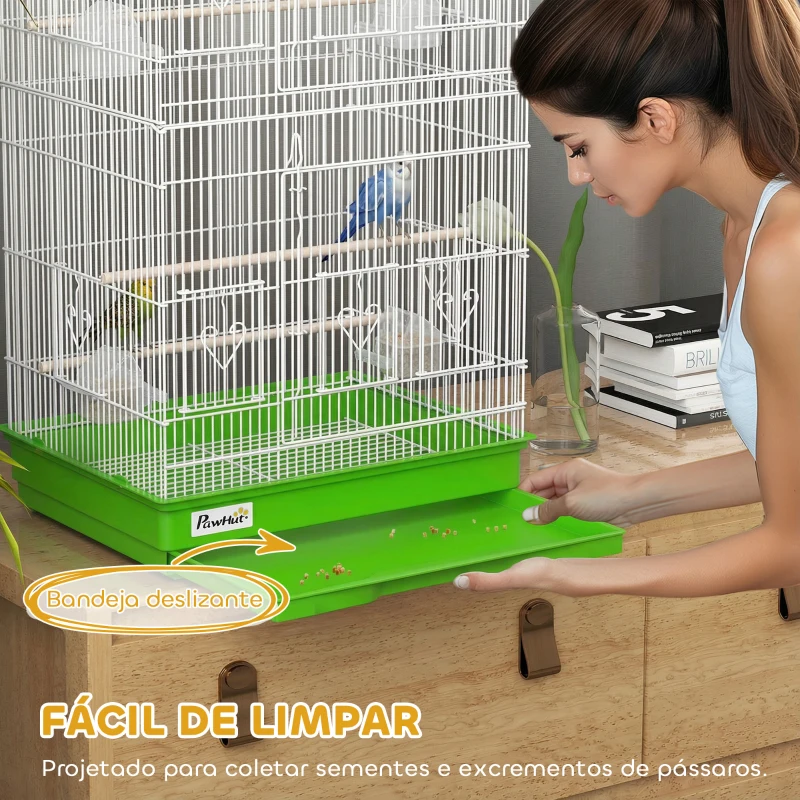PawHut Gaiola para Pássaros Pajarera de Metal com 4 Comedouros 3 Poleiros Baloiço e Bandeja Removível Alça 46,5x35,5x92 cm Verde