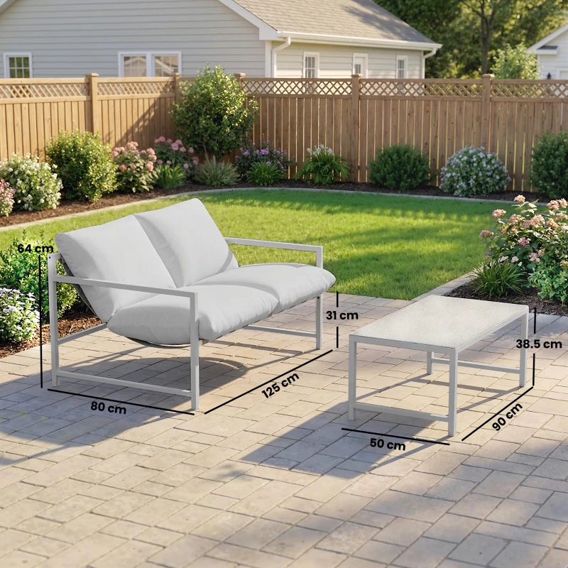 Outsunny Set mobilier de grădină exterior 2 piese, canapea cu perne, masă de cafea cu blat din sticlă securizată marmorat 3D, 125x80x64cm, gri deschis