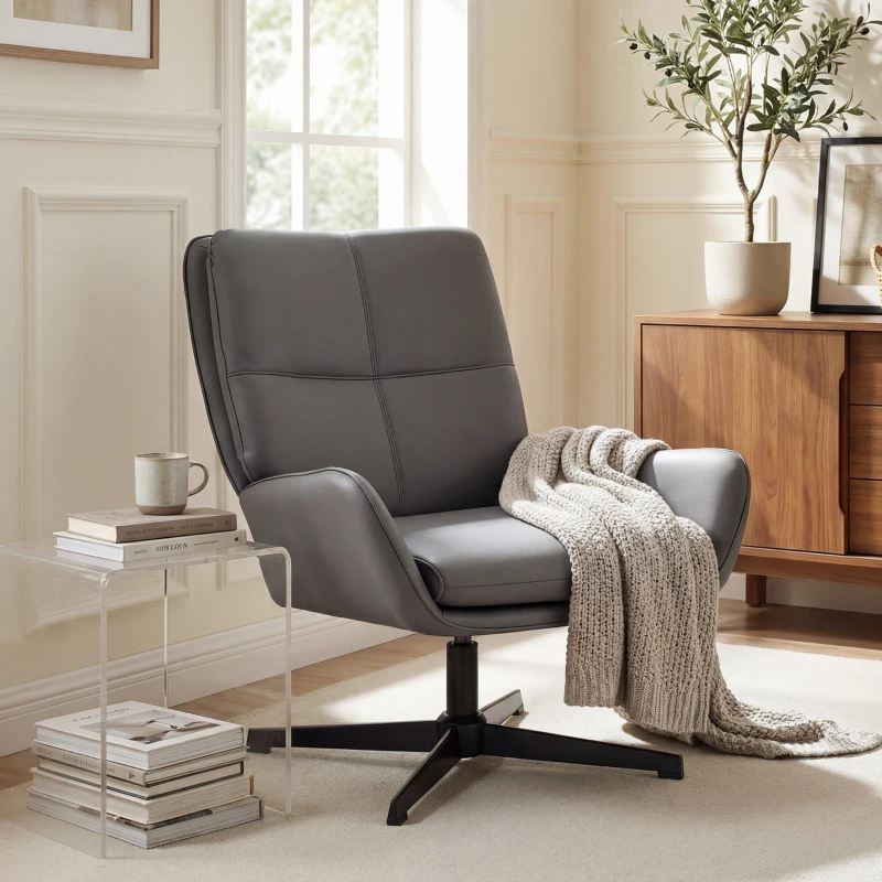 HOMCOM Fauteuil de salon revêtu en PU Fauteuil de lecture avec assise rembourrée accoudoirs pieds métalliques gris