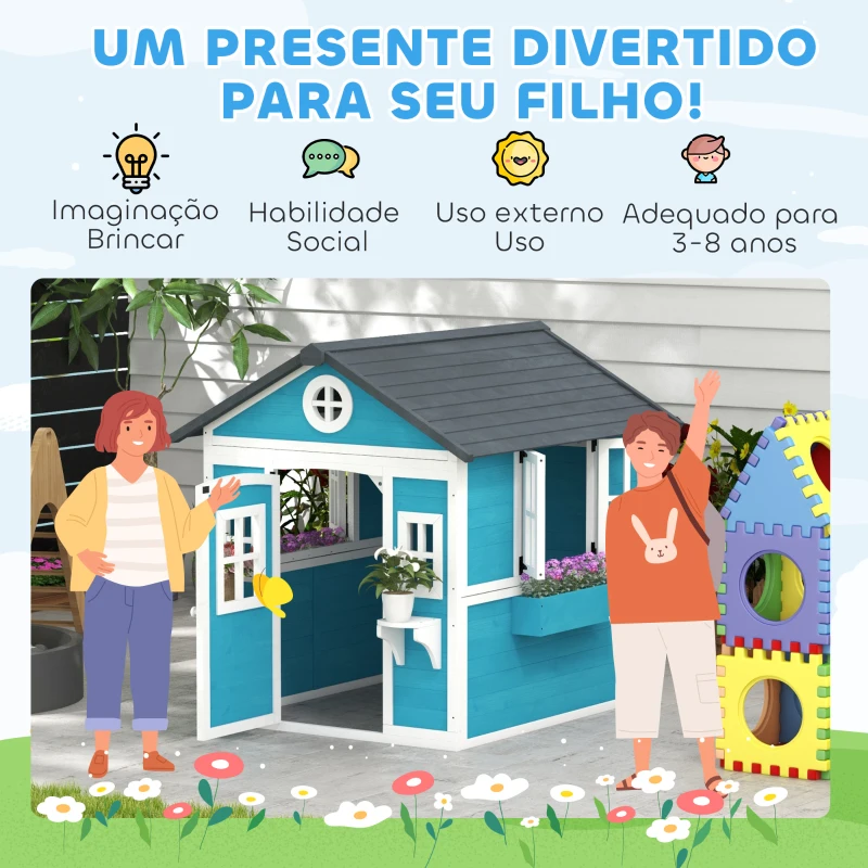 Outsunny Casinha de Madeira Infantil com Porta Janelas Floreiros e Prateleiras com Detalhes Coloridos 114x126,4x135 cm Azul