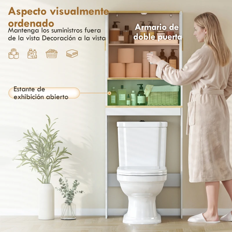 HOMCOM Estantería para Baño sobre Inodoro de 3 Niveles con Estante Abierto 2 Puertas y Estante Ajustable 64x20x170,5 cm Blanco