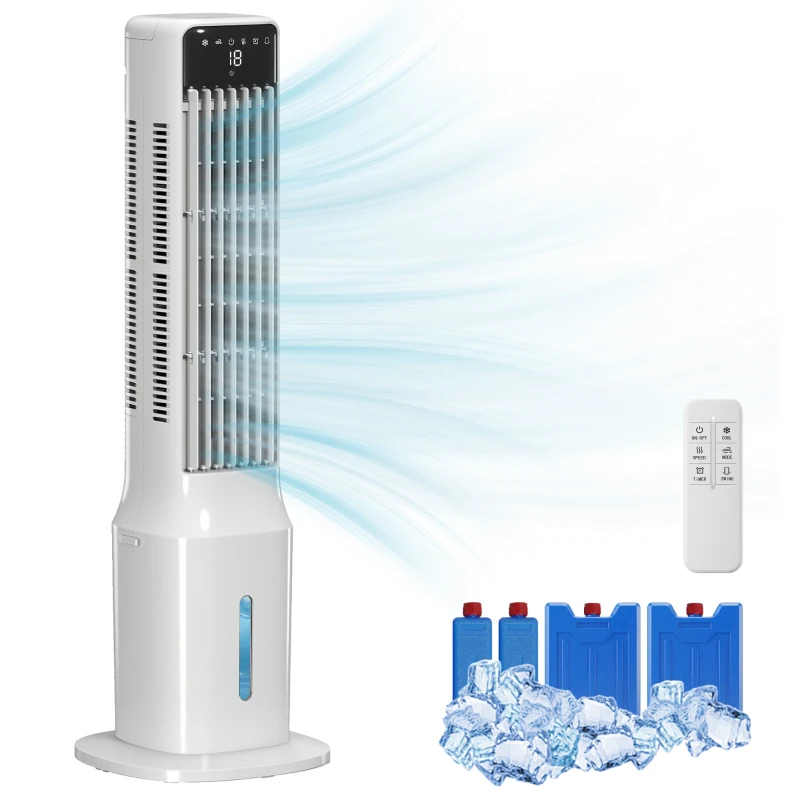 HOMCOM Climatizzatore Evaporativo a Torre 3 in 1 con Serbatoio da 9L, Oscillazione 48°, 3 Velocità, 3 Modalità e Timer, Bianco