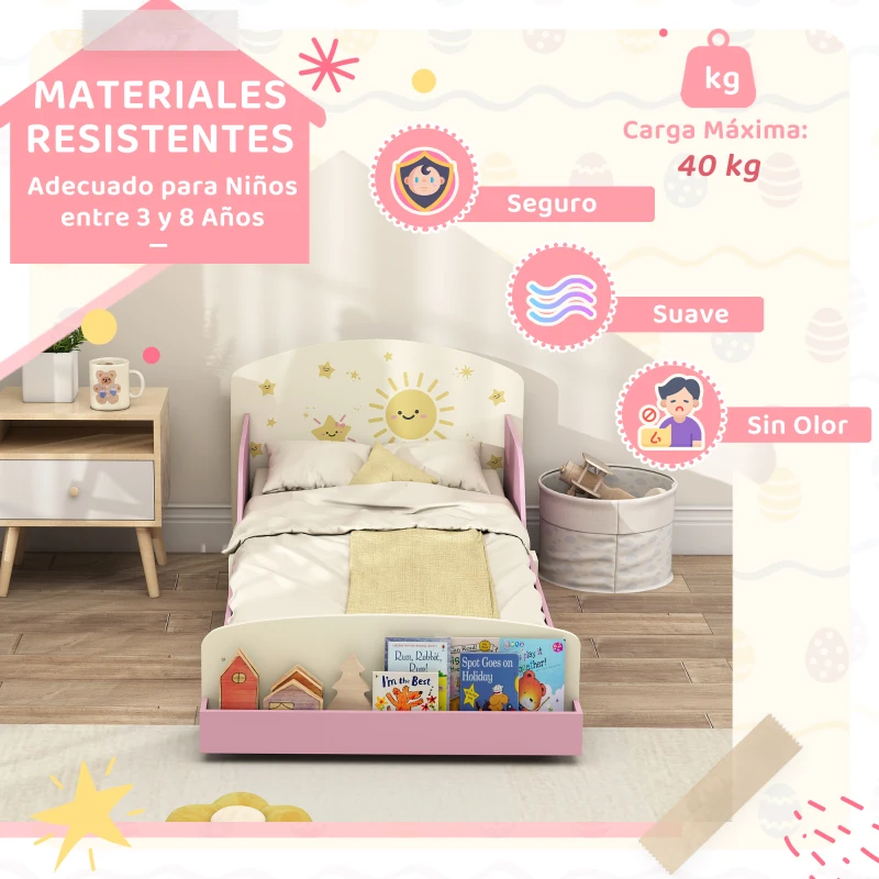 AIYAPLAY Cama infantil para Niños de +3 Años 70x140 cm de Madera con Almacenaje y Dibujos de Estrellas para Dormitorio Rosa