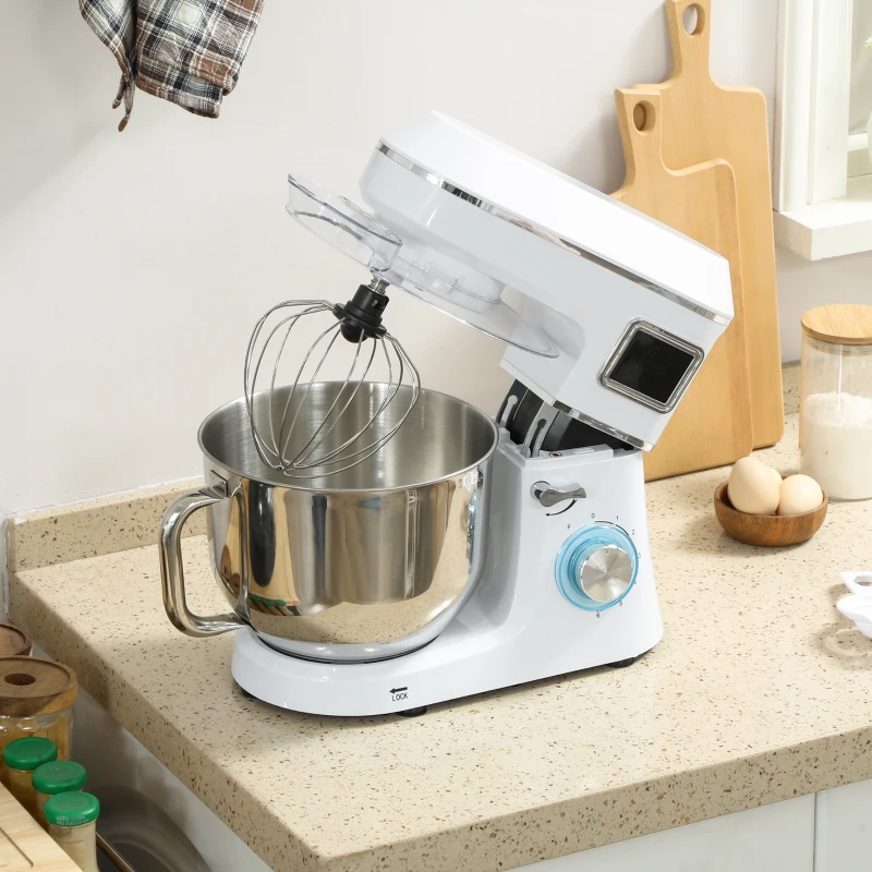 HOMCOM Robot da Cucina Impastatrice 6L 1400W con Testa Inclinabile, 6 Velocità, Funzione di Lievitazione e Display LED, Bianco