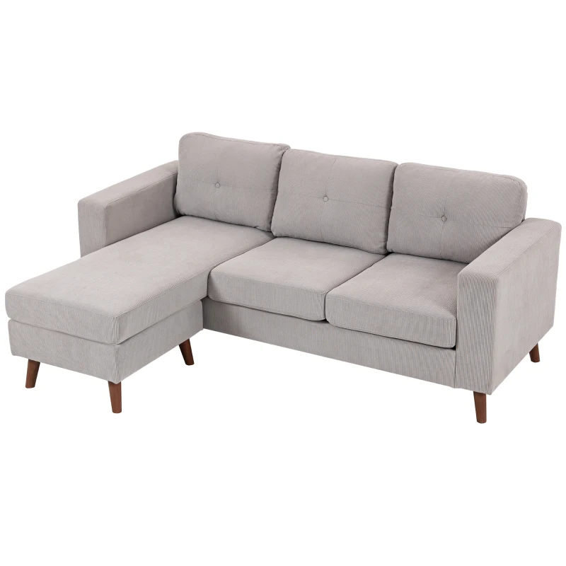 HOMCOM Sofá esquinero reversible de terciopelo acanalado, sofá 3 plazas con chaise longue, estructura de acero, 192x137x84cm, gris claro