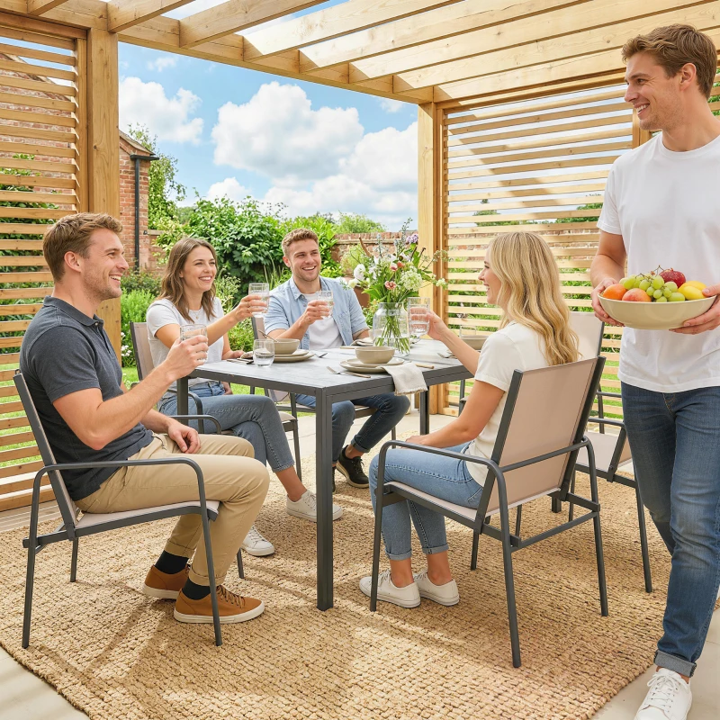 Outsunny Ensemble de table et chaises de jardin avec table effet bois et 6 chaises à assise respirante pour terrasse patio kaki