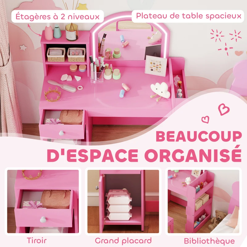AIYAPLAY Coiffeuse pour enfants avec tabouret et miroir LED, table de maquillage pour 3 à 8 ans, 88,6 x 38,8 x 96,9 cm, rose