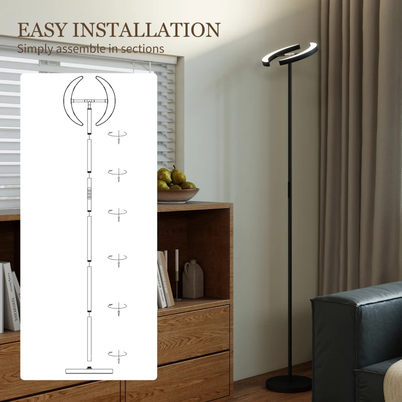 HOMCOM Lampă de Podea Reglabilă cu Telecomandă și Două Capete Rotative 350°, Reglare Temperatură Culoare 2700K-6000K, pentru Living și Dormitor, Negru