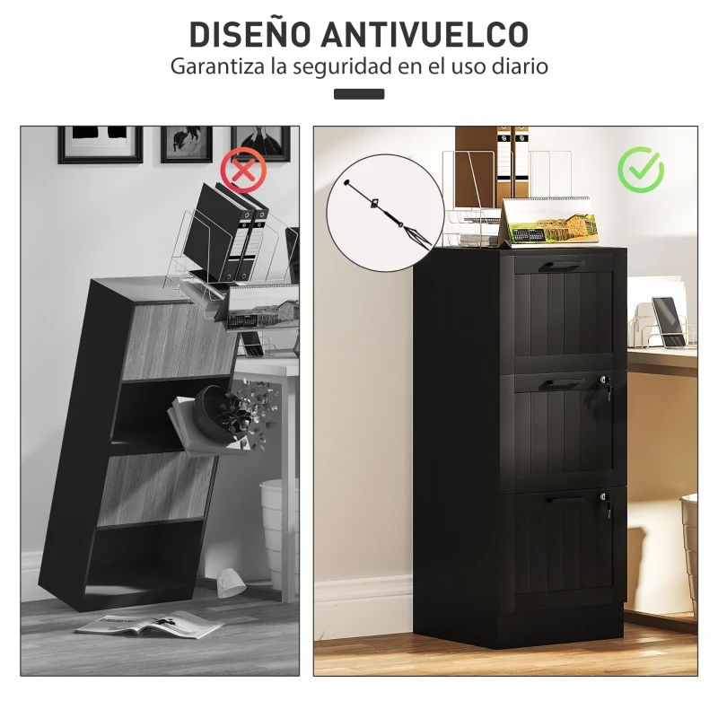 HOMCOM Mueble Archivador con 3 Cajones Cajonera para Escritorio con Cerraduras Carpetas para A4 y Carta 40x40x101 cm Negro