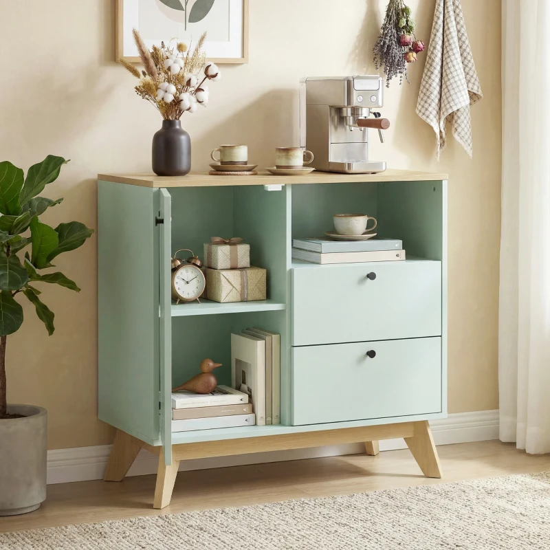 HOMCOM Bufet pentru living, mobilier de depozitare cu ușă, 2 sertare, compartiment deschis și raft reglabil, verde deschis și stejar