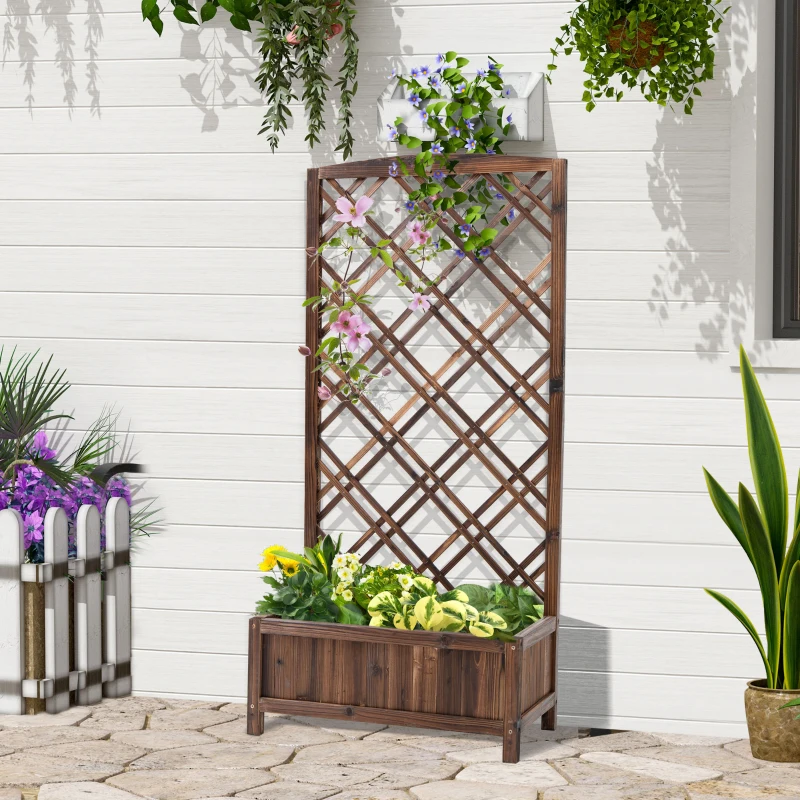 Outsunny Floreira com Treliça de Madeira Caixa de Plantio com Suporte para Plantas Trepadeiras 60x30x122,5cm Marrom