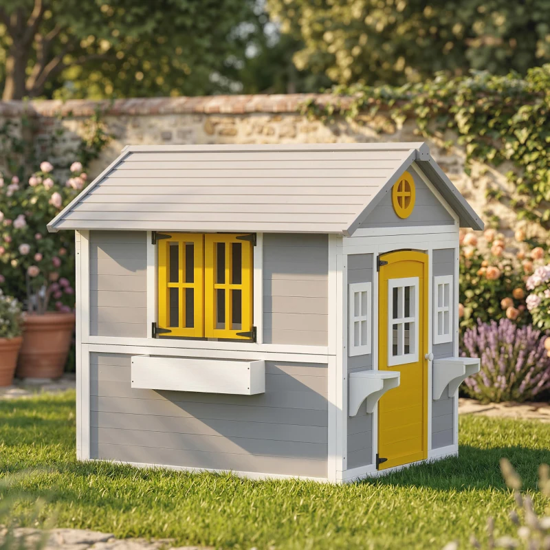 Outsunny Casetta bambini legno con porta, finestre e fioriere, Grigio