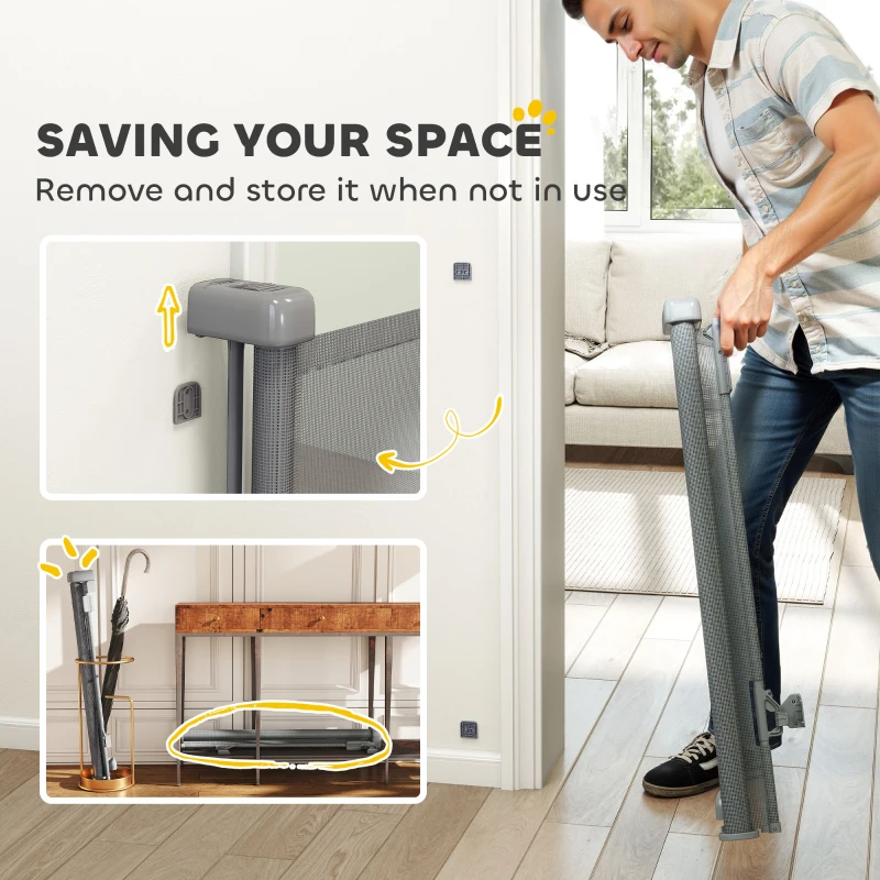 PawHut Barrière de sécurité pour chiens rétractable extensible jusqu'à 140 cm de large pour escaliers et portes Gris