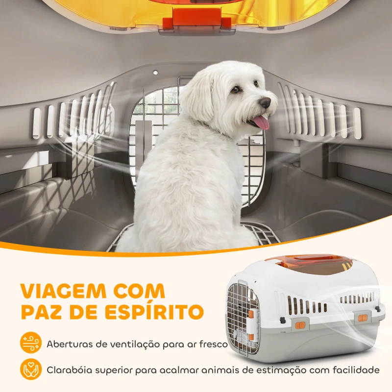 PawHut Transportadora para Gatos e Cães Pequenos de Plástico Suporta até 4 kg com Claraboia Taça Porta de Aço Cinzento Claro