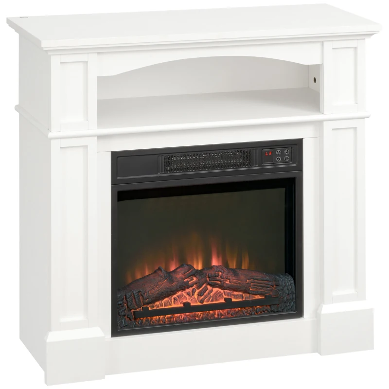 HOMCOM Chimenea eléctrica con efecto llama LED regulable 1800 W, mando a distancia, temporizador y estante integrado, Blanco