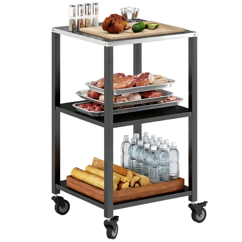 Outsunny Carrello barbecue 3 livelli con piano inox e ruote, 50x50x90 cm, Nero