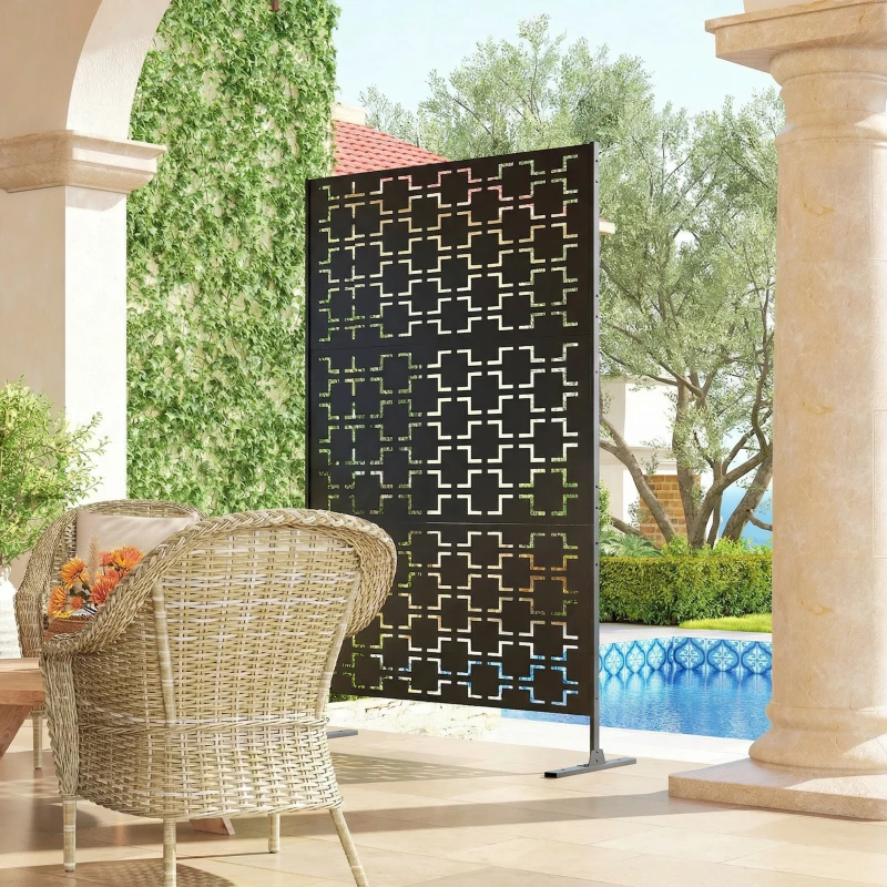 Outsunny Metal Decorative Privacy Screen Outdoor Divider, Black Grid