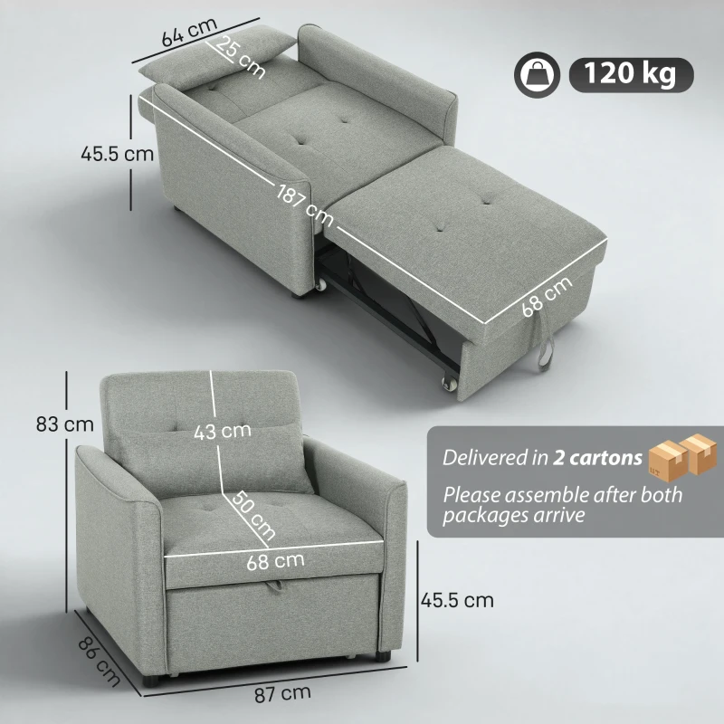 HOMCOM Poltrona letto 3 in 1 estraibile con schienale regolabile, Grigio