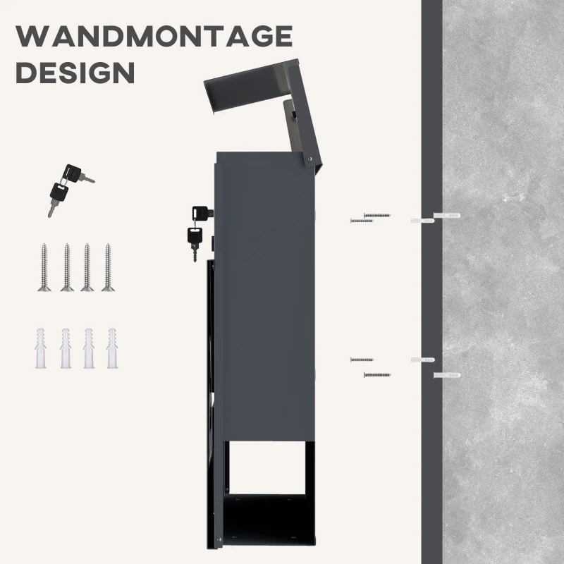 HOMCOM Briefkasten Wandmontage Wetterfest mit Zeitungshalter und 2 Schlüsseln für Außenwand, Dunkelgrau