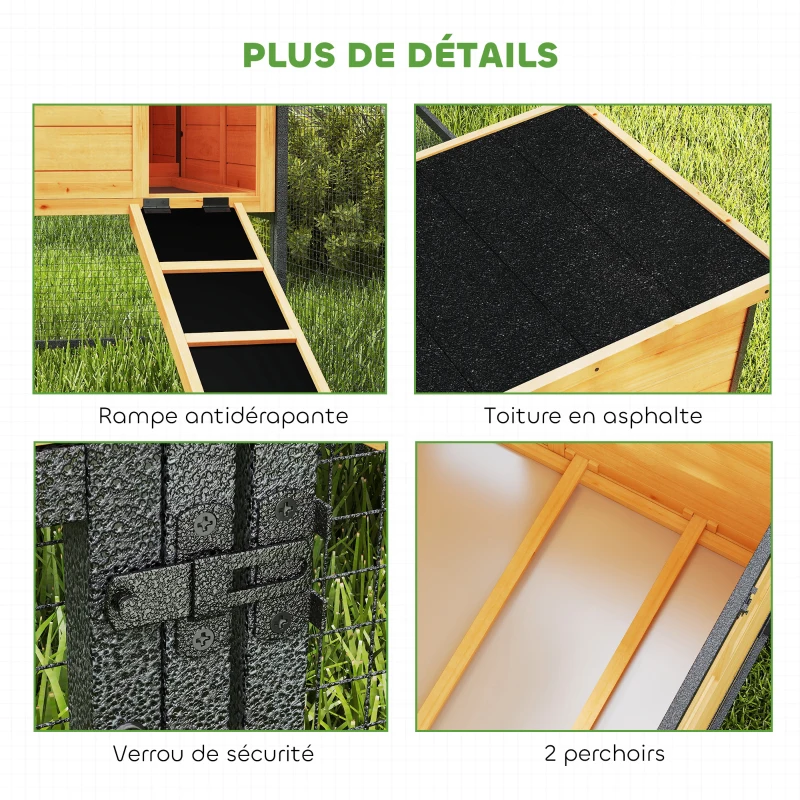 PawHut Pollaio in legno e acciaio con recinto, nido, cassetto e tetto apribile, 192x81,5x104 cm, Arancione