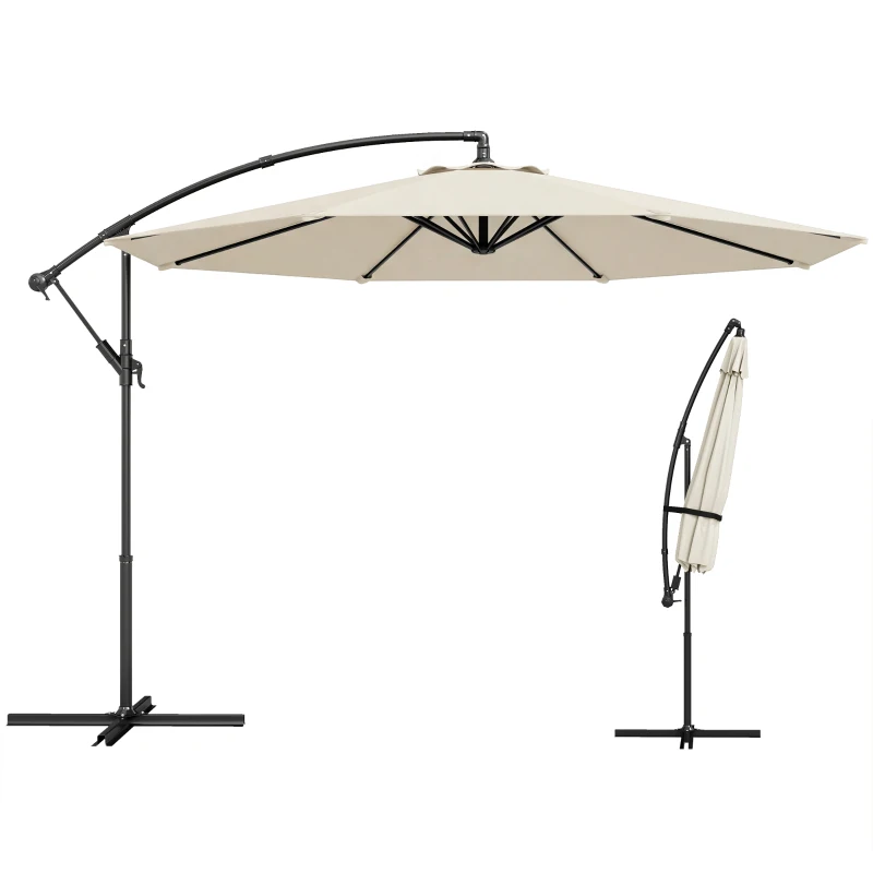 Outsunny Parasol excentré Ø300 cm avec base croisée toile réglable et manivelle UPF30+ pour terrasse patio blanc crème