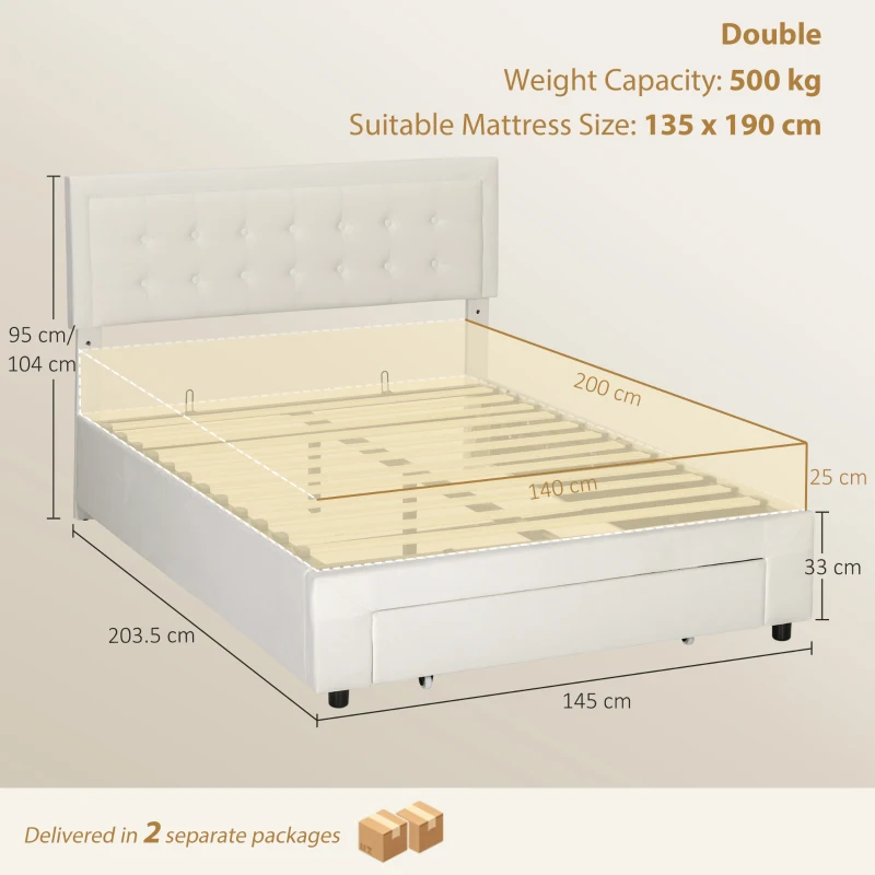 HOMCOM Struttura Letto Matrimoniale con Rete, Cassetto su Ruote e Testiera Regolabile Capitonné Effetto Velluto, Crema