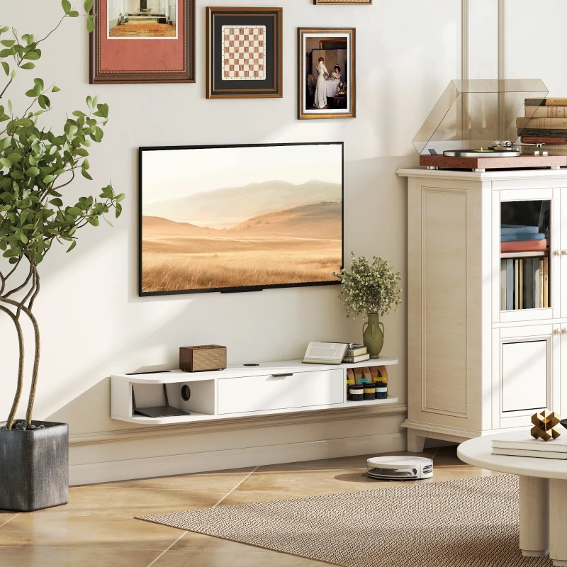 HOMCOM Mueble TV Suspendido 120 cm Mueble para Televisor Hasta 127 cm Cajón Abatible 2 Estantes 120x24x16 cm Blanco